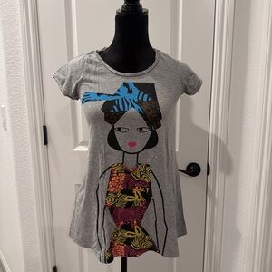 Forever 21 Gray Graphic Tee with Blue and Red Accents